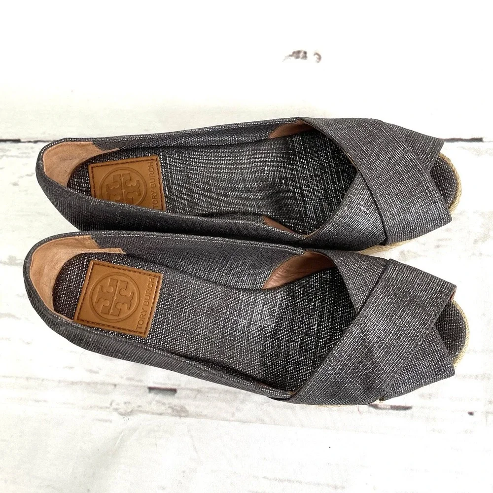 Tory Burch Filipa Shoes Women's 9.5B Pewter Espadrilles Peep Toe Wedges